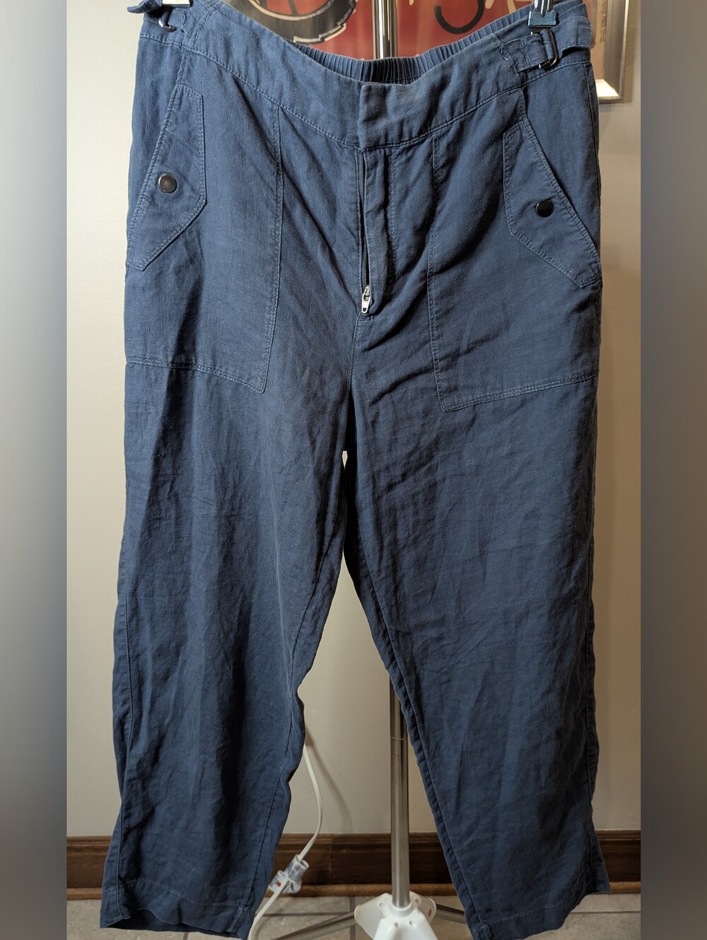 $38 Athleta Size 10 Voyager Linen Pants Granite Blue High Rise Tapered Crop